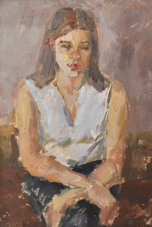 Original framed oil painting， Impressionist textured sitting girl portrait，Fine art，One of a kind