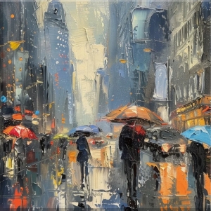 People With Umbrellas In Rainy City， Painting Oil Painting Gloomy Rainy City