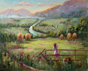 Ukrainian Landscape With Mountains and Storks   Custom Order oil Painting   Ethnic Ukrainian Art for Gift
