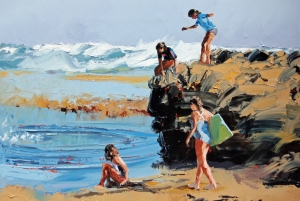 Australian Art,Nostalgic Oil Painting of Children Jumping In The Rockpools