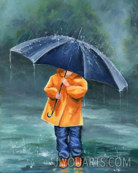 Little girl with umbrella artwork, Cute rain painting, Children