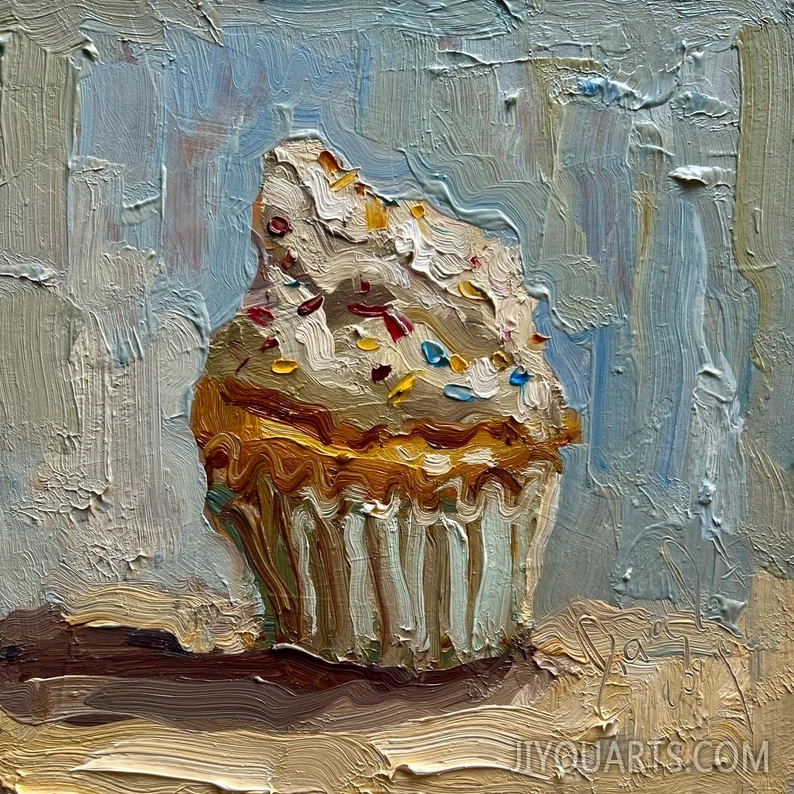 Cupcake Painting Kitchen Wall Art Cake Impasto Semi Abstract Artwork Food Oil Painting Still Life Painting