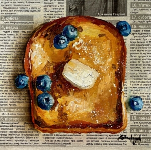 French toast painting Blueberry painting Newspaper art Food painting Breakfast painting