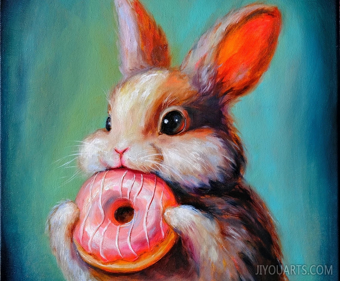 Rabbit Painting Original Art Donut Artwork Oil Painting Original Painting Animal Painting Nursery Wall