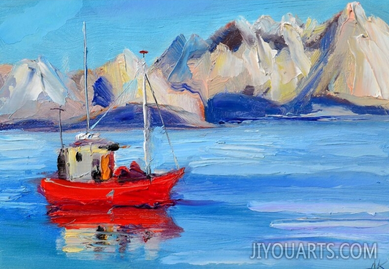 Antarctica art fishing boat, red ship ocean red boat fishermen, rough sea, north sea, storm art, seascape painting boats wall art North Pole