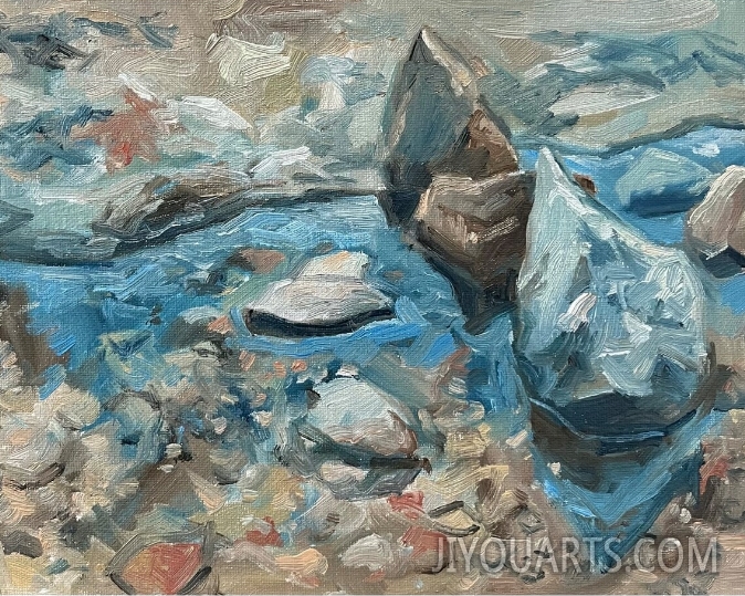 Abstract Lake Landscape, Rocks and Water, Original Oil Painting, oil on panel