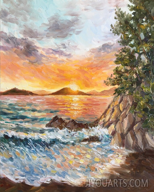 Seascape Original Oil Painting on Canvas, Impasto Ocean Wall Art, Colorful Sunset at Sea, Beach Coastal Decor, Abstract Textured Waves