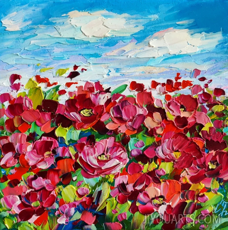 California poppy landscape original oil painting, flowers impasto artwork floral wall art
