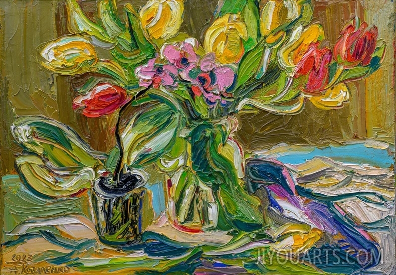 Tulips Bouquet Original Oil Painting 3D Impasto Colorful Floral Wall Art Home Decor Anniversary Gift Mom Birthday Day