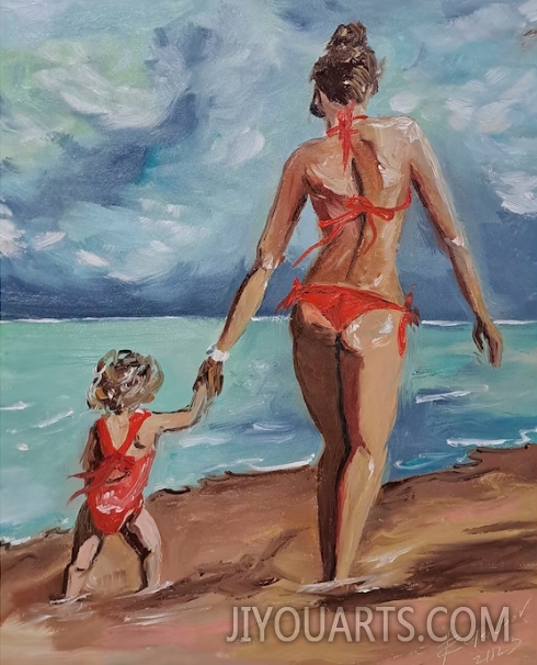 Mom and child on the beach Oil painting Sea and sand Mom and Daughter Relaxing on the beach art Beach walk painting