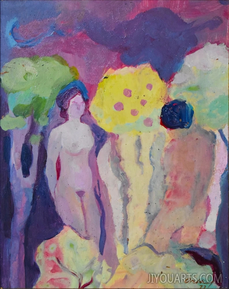 Geraldo Orthof Signed Oil Fauvist Style Adam & Eve Figures in Garden of Eden