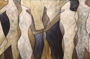 Large Abstract Brown Figures Oil Painting on Canvas, Original Hand Painted Minimalist People Painting