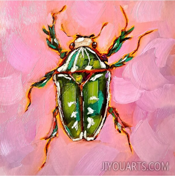 Green Beetle Painting Insect Original Fine Art Animal Oil Paintings Bug Wall Art