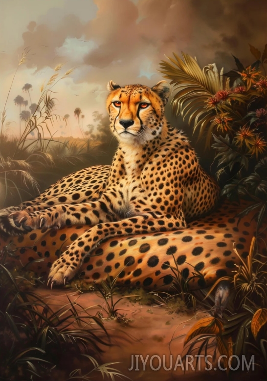 Cheetah resting on a cheetah skin digital oil painting