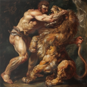 Hercules and the Lion, Epic Ancient Greek Myth Oil Painting Canvas Wall Art