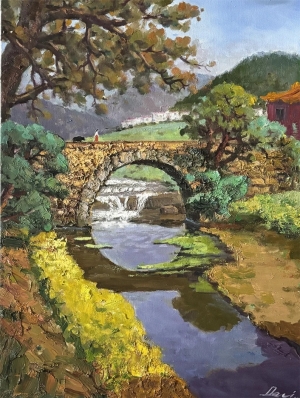 Rustic Stone Bridge Over Stream Oil Painting, Idyllic Countryside Landscape, Nature and Water Art