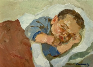 Antique original oil painting， Sleeping baby portrait