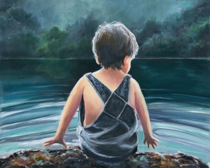 Boy in the lake oil painting, Little child playing with water, River landscape artwork