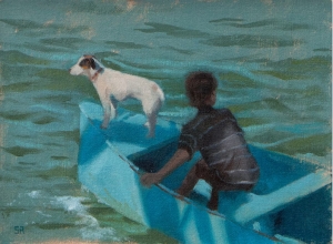Original Oil painting of a boy and his dog setting out in a small dinghy, painted loosely in greens at bright turquoises