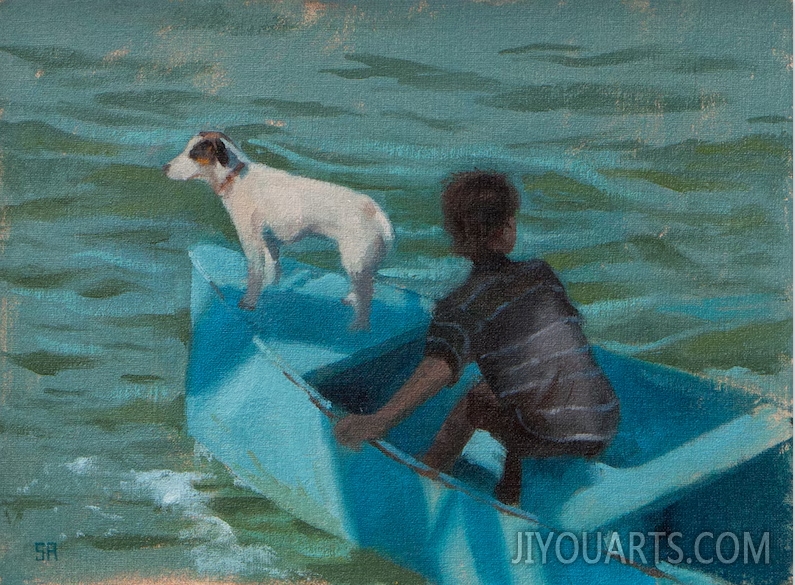 Original Oil painting of a boy and his dog setting out in a small dinghy, painted loosely in greens at bright turquoises