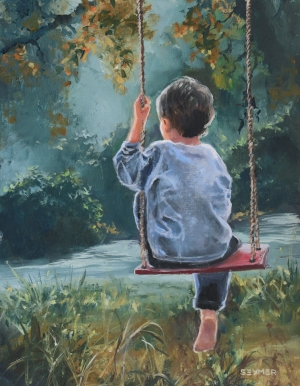 Swing painting with little boy, Small oil artwork original, Children wall art painting, Lake scene art