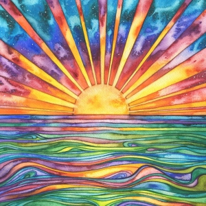 Sun Water， watercolour print of original painting, sunset sunrise sunlight ocean sea solar sunshine coast