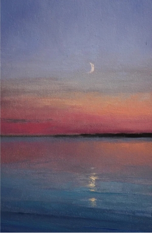Crescent Moon Oil Painting Original, Sunset Lake Landscape Wall Art