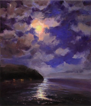 Full moon in clouds painting Night sky landscape Oil painting original Plein air painting Living room