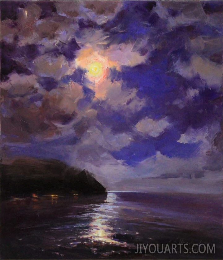 Full moon in clouds painting Night sky landscape Oil painting original Plein air painting Living room