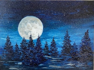 Full moon landscape Painting Pine trees Original Art night forest oil painting moonlight Wall Art Night Landscape