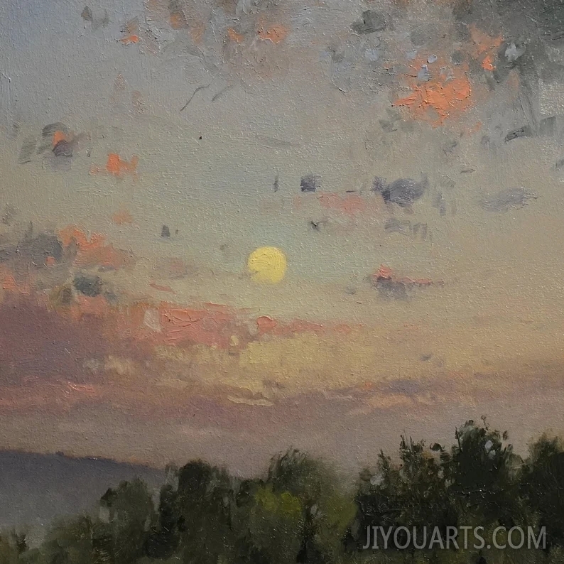 Impressionist Moon Sunset Landscape Oil Painting Original, Mountain, Sky Wall Art