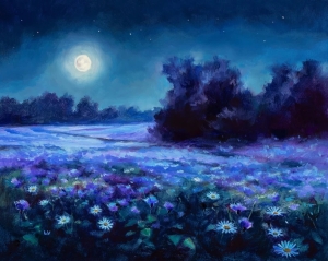 Nocturne landscape oil painting, Night flower field ORIGINAL artwork, Night sky with stars wall art Twilight moon