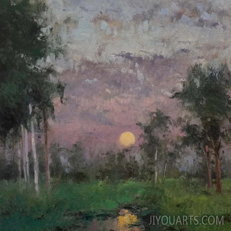 Original Impressionist Moon Landscape Oil Painting, Countryside Wall Art