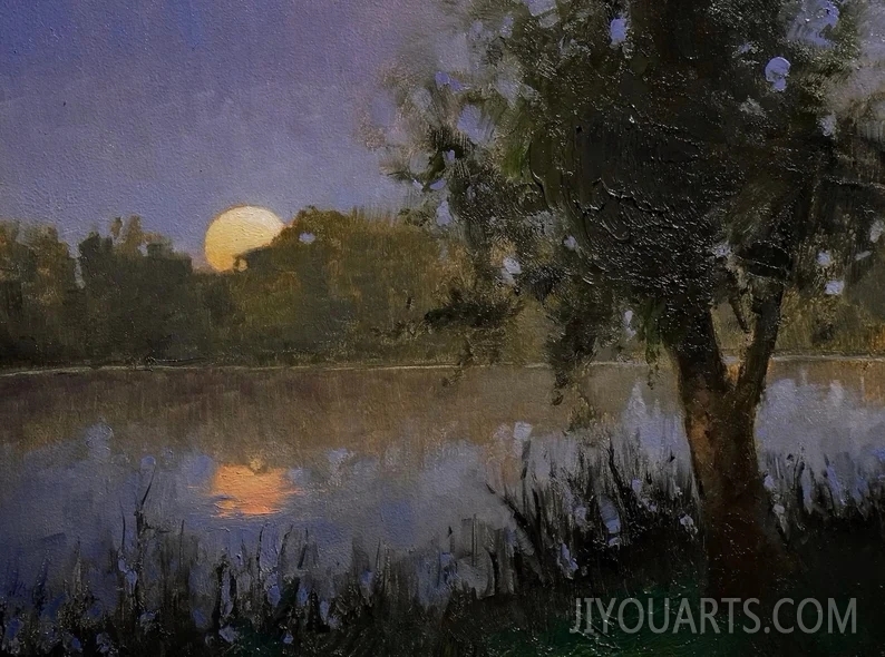 Original Moon Night Sky Landscape Oil Painting