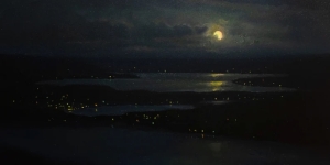 Original Oil Painting of Moon above City lights Nocturne