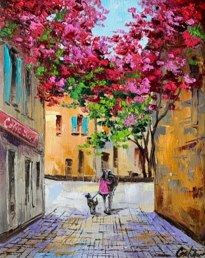 Street with flowers original oil painting on canvas Cityscape oil painting