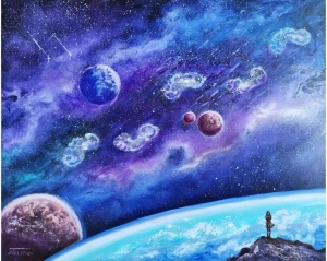 Space Painting on Canvas Star Nebula Original Art Romantic Women Wall Art Fantasy Galaxy Artwork Space Footprint Painting