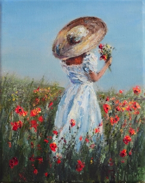 Poppy field Childhood Girl Straw hat Oil painting on canvas Original hand painted fine frt Red poppies Impressionism Affordable painting