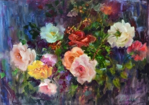 Roses painting original oil canvas flowers bush colorful bright texture wall decor vintage style
