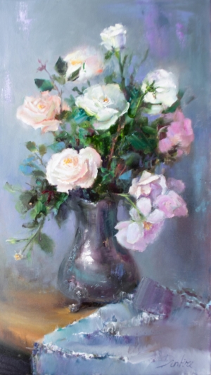 Roses still life painting original canvas oil light colorful flowers in vase wall decor Impressionist art
