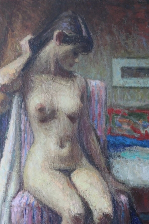 Female nude portrait painting of a woman sitting by Pio Santini, large vintage impressionist nude oil portrait