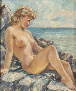 Nude Oil Painting，Nude Woman Lying on Rocks by the Water