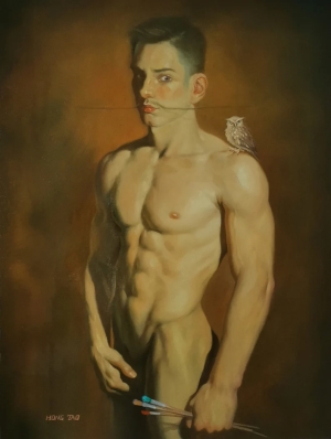 Original artwork oil painting male nude on linen,fine classic naked man art,human body