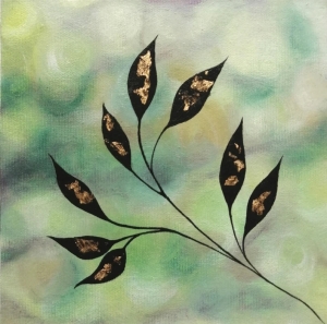 Gold leaves leaves original oil painting wall decor green golden
