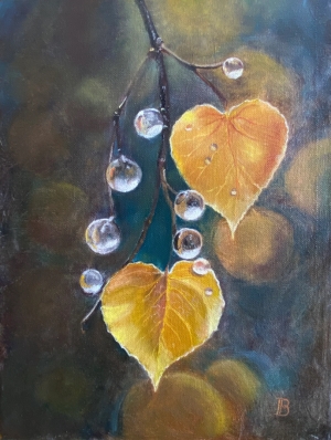 linden Leaves Oil Painting Original Handmade on Canvas Still Life Autumn Blues Warm Colors Spied of from Nature