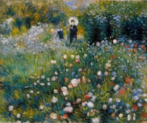 Summer Landscape ，Woman with a Parasol in a Garden，oil painting reproduction, beautiful flower field