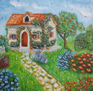 Wall painting house in flowers, allotment garden, Oil painting on stretched canvas