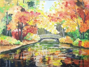 Autumn Painting Bridge Original Art Water Canvas Art Acrylic Painting Bridge Artwork River Wall Art Tree Artwork