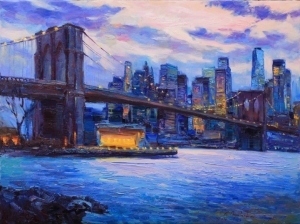 Brooklyn bridge view, New York   original urban landscape painting impasto Oil painting Urban buildings evening cityscape
