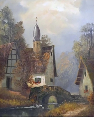 Landscape Oil Painting Signed Bölke Charming European Homestead With Bridge